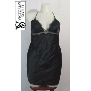 NWT Victoria's Secret Black Eyelash Lace Trim Satin Negligee Slip Dress Sz Lg